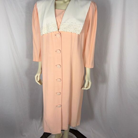 Vintage S.L. Fashions Peach Maxi Dress Size 20 – Statement Collar Lace Trim Full - Picture 3 of 16